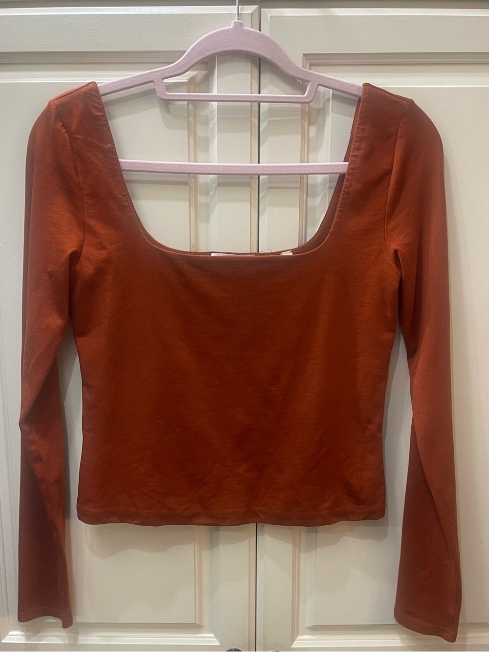 Vince Pima Cotton Square Neck Long Sleeve Top Rust Amber Size S